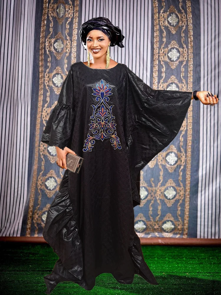 

Black Turkey Dresses For Women African Designer With Scarf Sequined Bazin Riche Long Dresses Party Dashiki Robe Lady Clothing