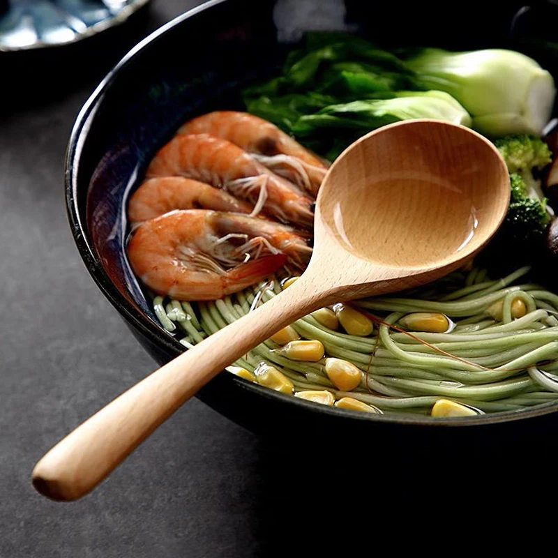 4Pcs Wooden Spoon Beech Wood Soup Spoon Japanese Kitchen Serving Spoons Big Noodle Ramen Rice Soup Ladle Wooden Tableware