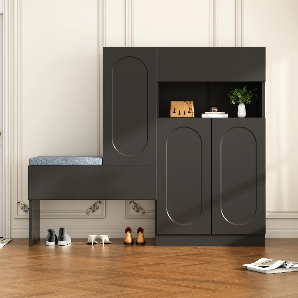 Schuhschrank mit gebogenen Türen, Klapptür mit Soft-Close-Funktion, höhenverstellbaren Fächern und gepolstertem Sitz – Detail 29