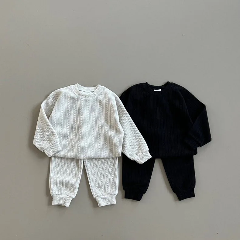 

Korean Set Spring Children's Top New Style Solid Color Casual Sweater for Boys and Girls+Two Piece Pants Set
