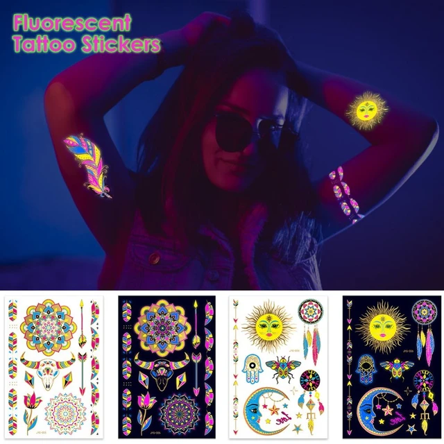 Fluorescent Waterproof Temporary Tattoos Party Music Festival Feather  Fashion Face Arm Leg Neon Tattoos Stickers Wholesale - AliExpress