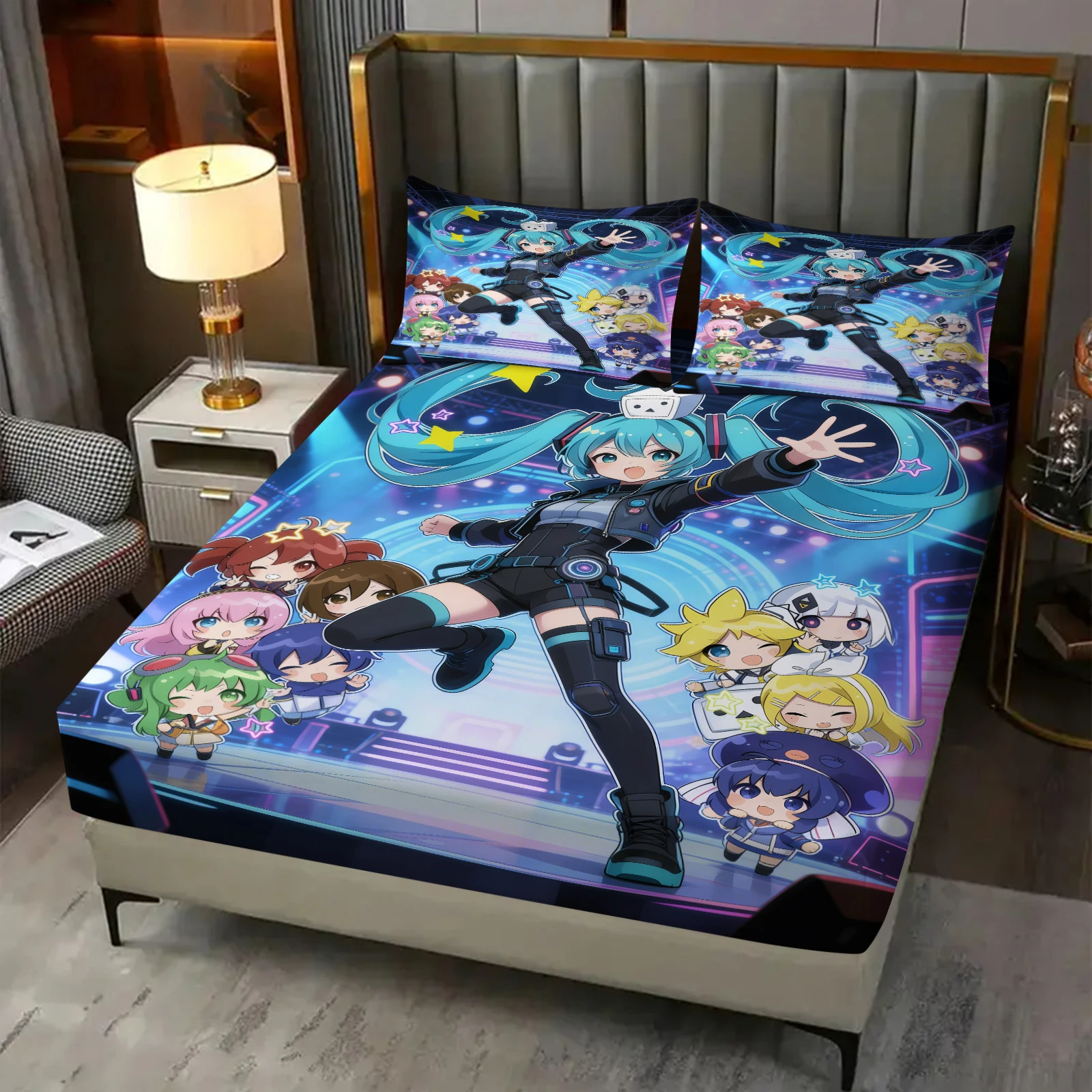 3-teiliges Hatsune Miku Spannbettlaken & 2 Kissenbezüge ohne Füllung, Anime-Druck Bettwäsche, Tiefe Taschen Matratzenschoner, Fan-Geschenk – Detail 13