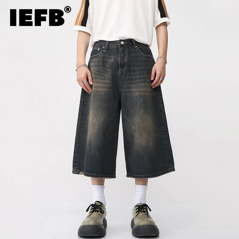 

IEFB Korean Style Vintage Men's Jeans Summer Loose Male Wide Leg Knee Length Shorts 2023 New Washed Fashion Denim Trouser 9A8825