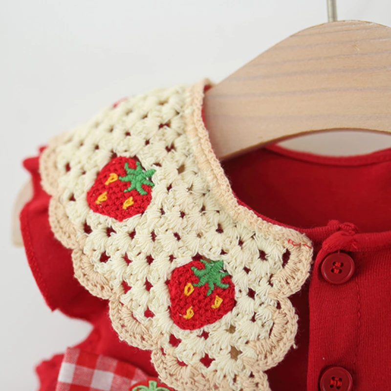 Baby Girl Bow Red Strawberry Dress Summer Element Knit Doll Collar Sleeveless Dress Baby Girl Dress with Bag 3