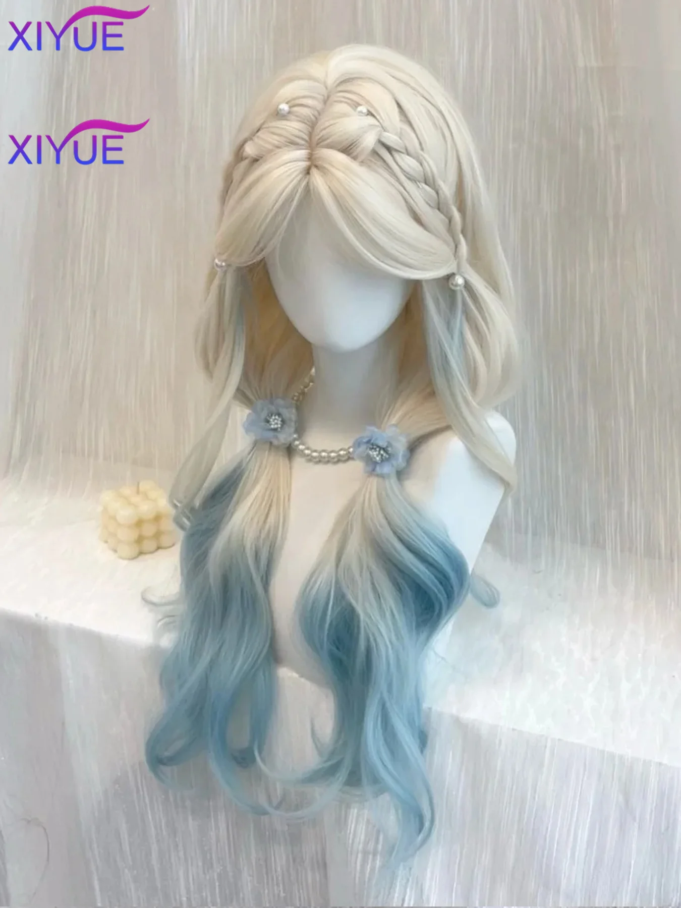 Long Wavy powder Blonde Synthetic Wigs with Bangs for Women Natural Wave Cosplay Party Daily Use Hair Wigs Heat Resistant