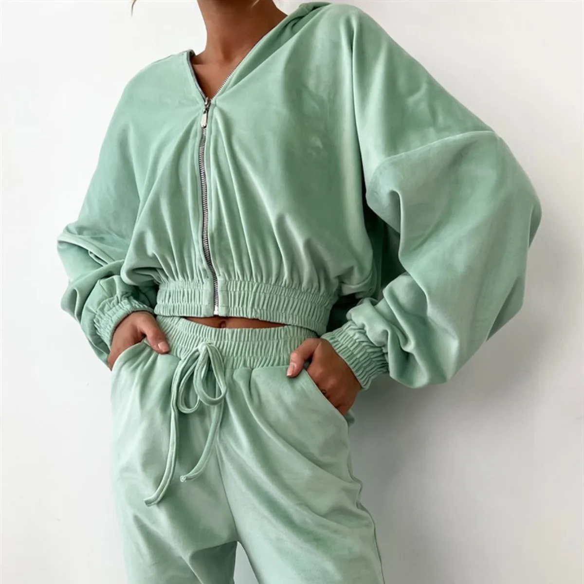 

2023 Autumn Women Hooded Sweater Solid Color Suit Stitching Zipper Cardigan Jacket Drawstring Trousers Outfits Two Piece Set