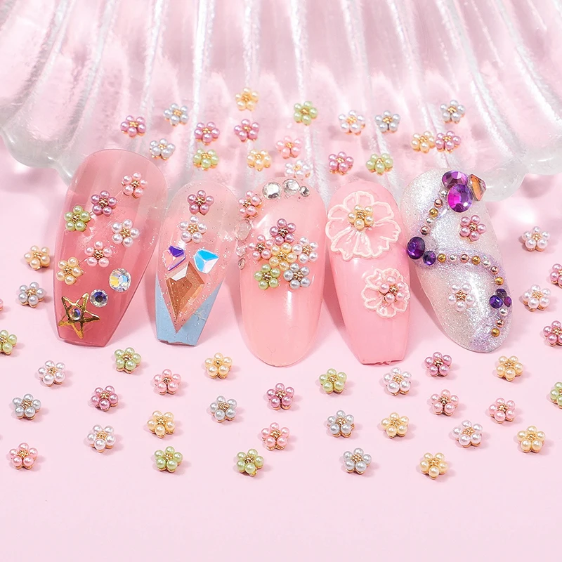 DIYNailsArtPearlFlowers3DManicureDecoration10pcssetGold