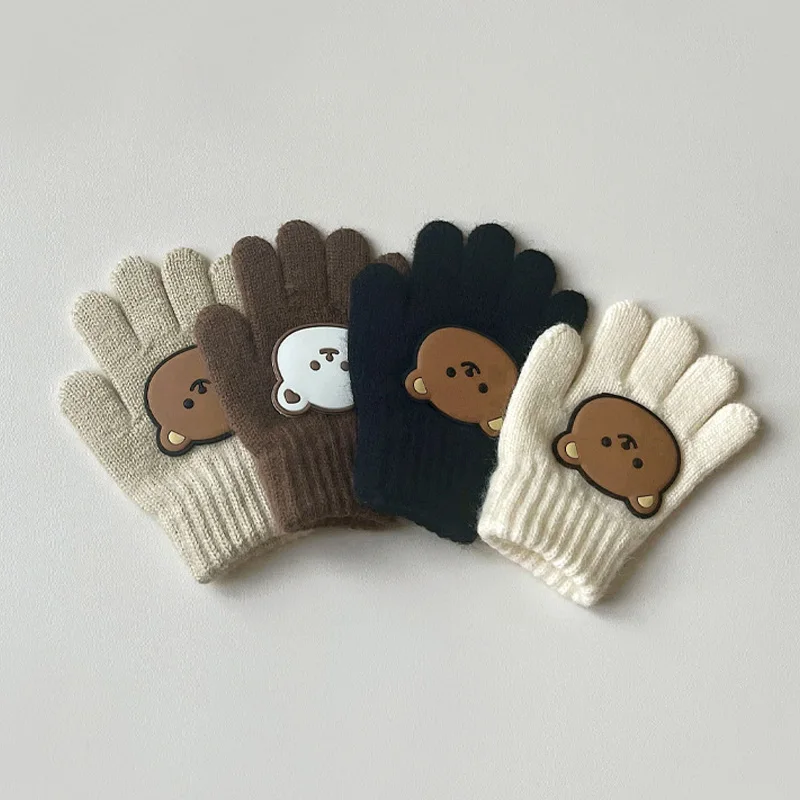 Winter Baby Gloves Cartoon Bear Woolen Five Fingers Gloves for Girls Infant Boys Cashmere Warm Kids Accessories 3-7 Years Old
