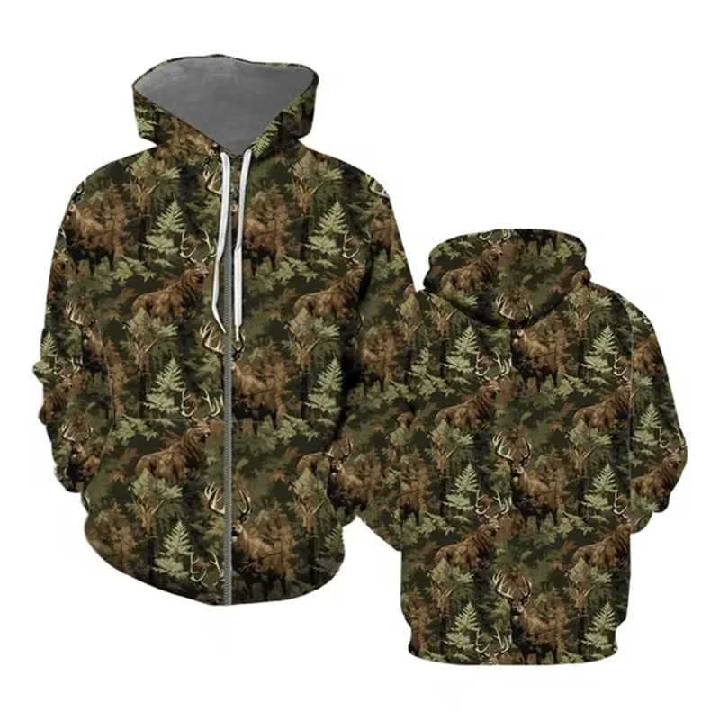thumbnail image 1 of Sudadera con capucha y estampado 3D de hojas marchitas para hombre, sudadera con estampado de camuflaje forestal, sudadera informal de otoño con cremallera de gran tamaño, 1 of 5