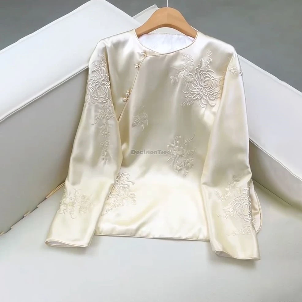 new chinese improved style women spring new retro style disc buckle long sleeve round collar elegant tang suit blouse w869