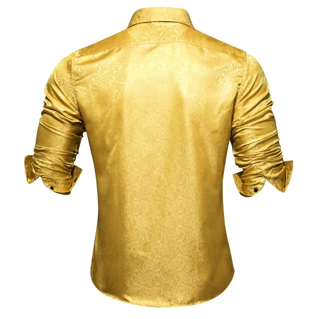 Hi-Tie Luxury Gold Silk Mens Shirts Blouse Jacquard Long Sleeve Male Clothing Casual for Groom Wedding Business Event Oversized