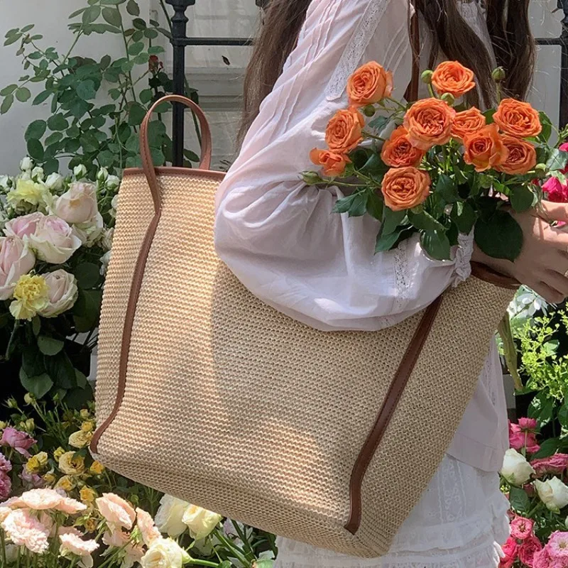 Large Capacity Straw Knitting Tote Bag Women Handmade Ethnic Style Casual Beach Shoulder Handbag 2025 Designer Hollow out