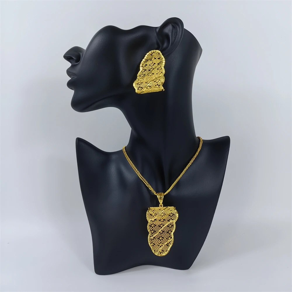 

Dubai Gold Color Jewelry Set For Women Luxury Big Pendant Necklace & Earrings Weddings Party Jewelry African Set Accessory