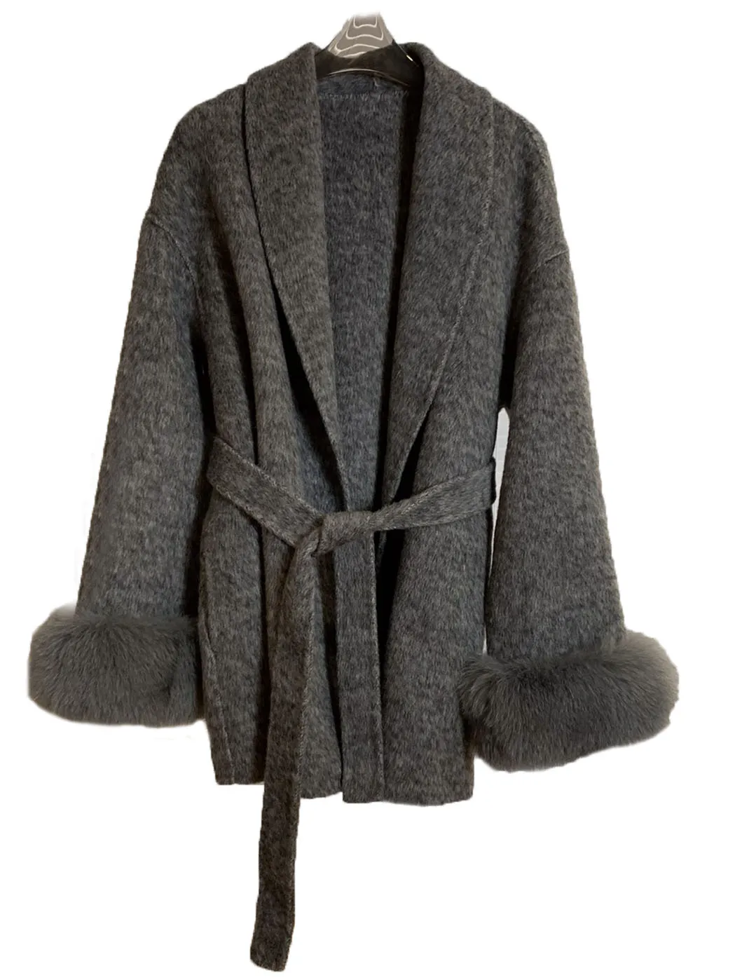 

Tweed coat V-neck short loose version with belt design warm and cozy 2023 winter new 1102