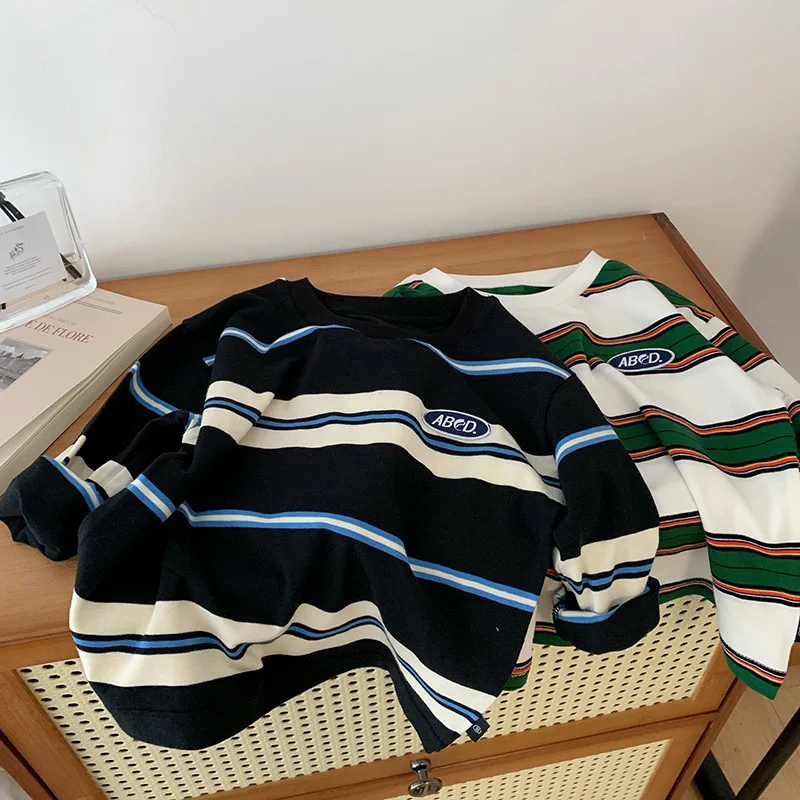 2025 Spring Autumn Kids Boys T-shirts Cotton Striped Loose Sticker Casual Long Sleeve Baby Girls Shirts Toddler Boys Tops