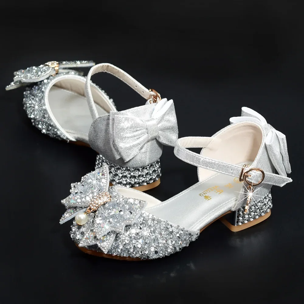 Children's High Heel Princess Shoes Silver Crystal Dance Shoes For Girls Summer Performance Hostess Shoes Kids Fashion Leather S 3
