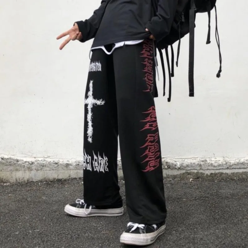 

Винтажная женская модель в стиле Харадзюку, демисезонная новая модель Y2k, уличная одежда с высокой талией, модные повседневные свободные брюки с широкими штанинами и принтом