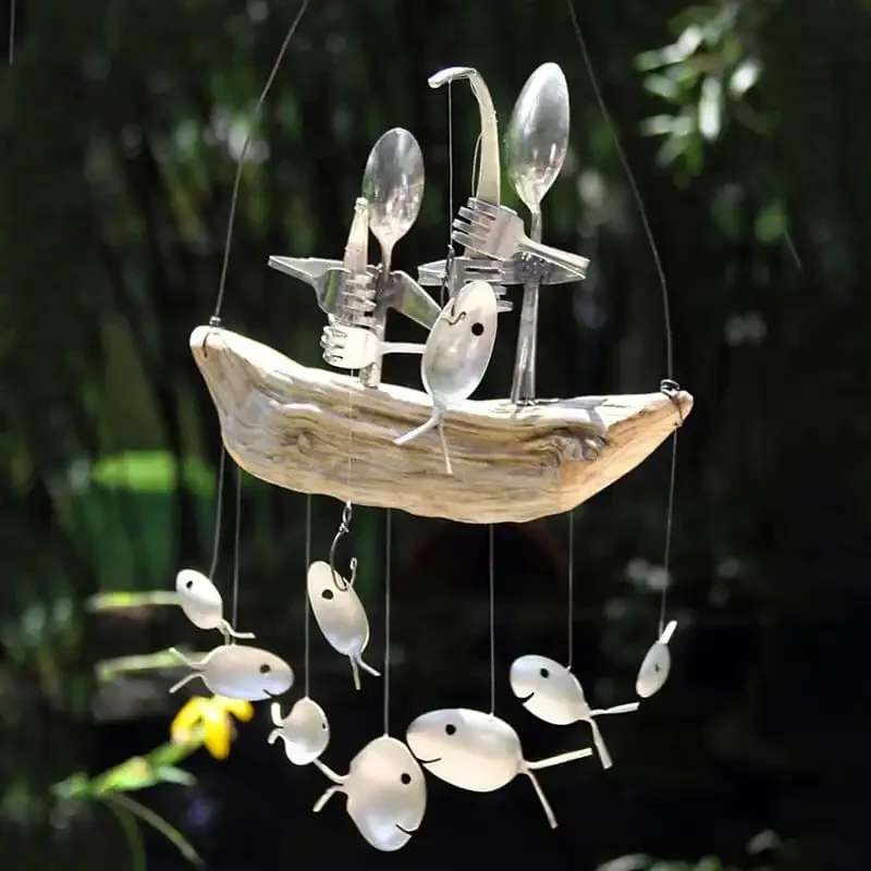 

Fishing Man Spoon Fish Sculpture Wind Chime Angler Wind Chimes Wooden Boat Fishing Spoon Indoor And Outdoor Hanging Decorations