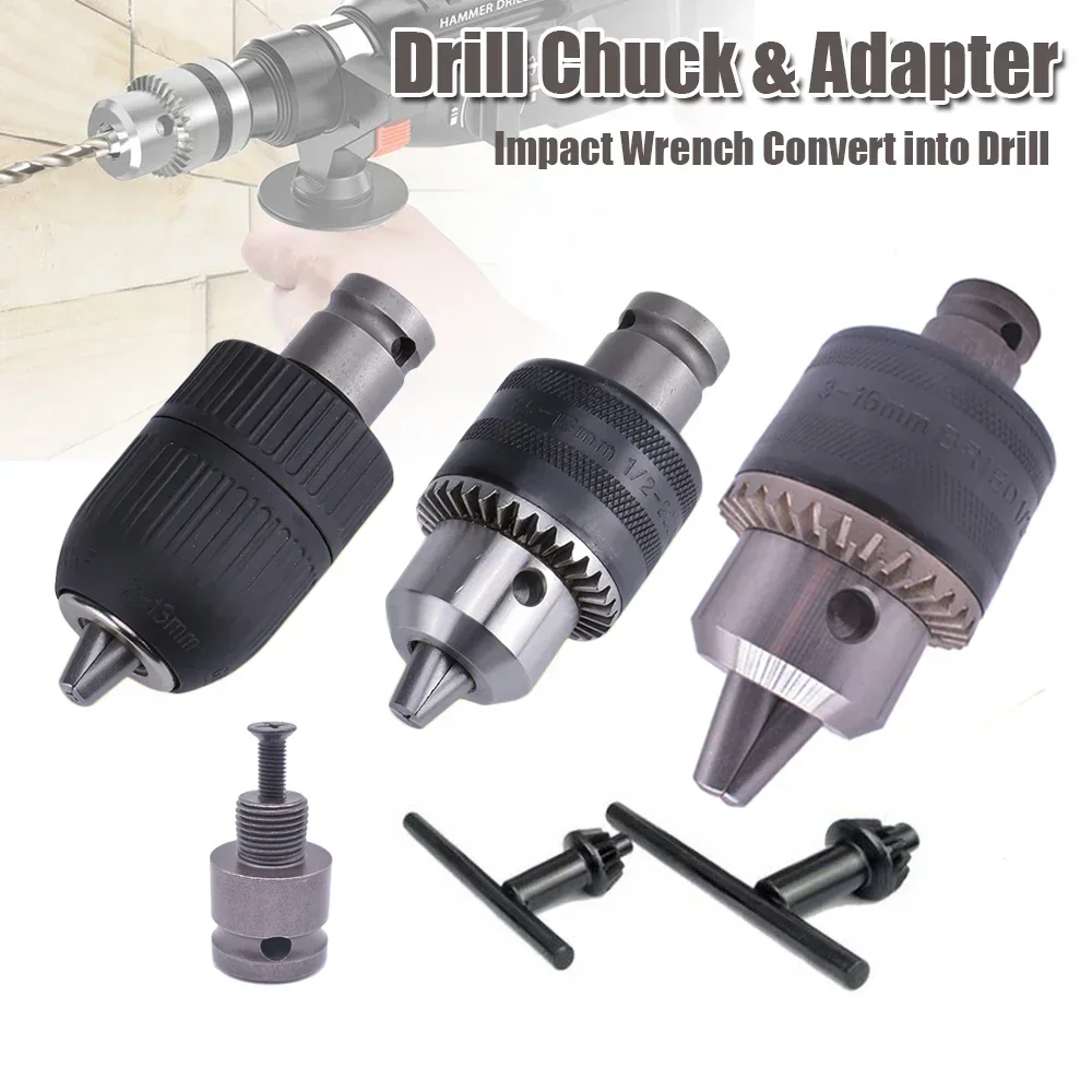 Drill Chuck & Drill Chuck Adapter Convert Impact Wrench Into Electric Drill - 1/2"-20UNF & 3/8"-24UNF Thread 3 Jaw Chuck