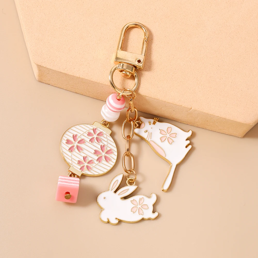 Aihua Harajuku Sakura Blumen-Laternen-Katzen-Schlüsselanhänger für Frauen und Mädchen, Schlüsselring-Anhänger zur Handtaschendekoration, DIY-Schlüsselhalter, Schmuckgeschenke