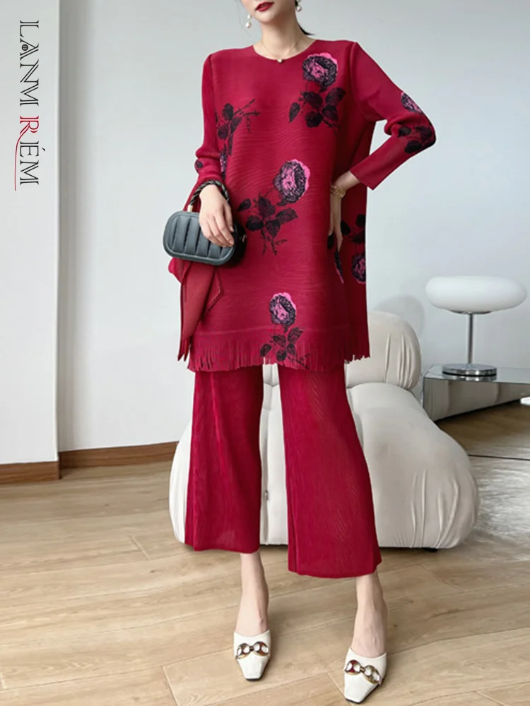 

LANMREM Fashion Printed Pleated 2 Pieces Set Women's Round Neck Long Sleeves Tassels Tops High Waist Trousers 2023 New 2YA3775