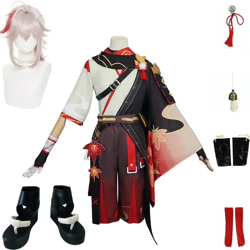 

Genshin Impact Kaedehara Kazuha Cosplay Costume Halloween Carnival Samurai Costume Wig Red Glasses