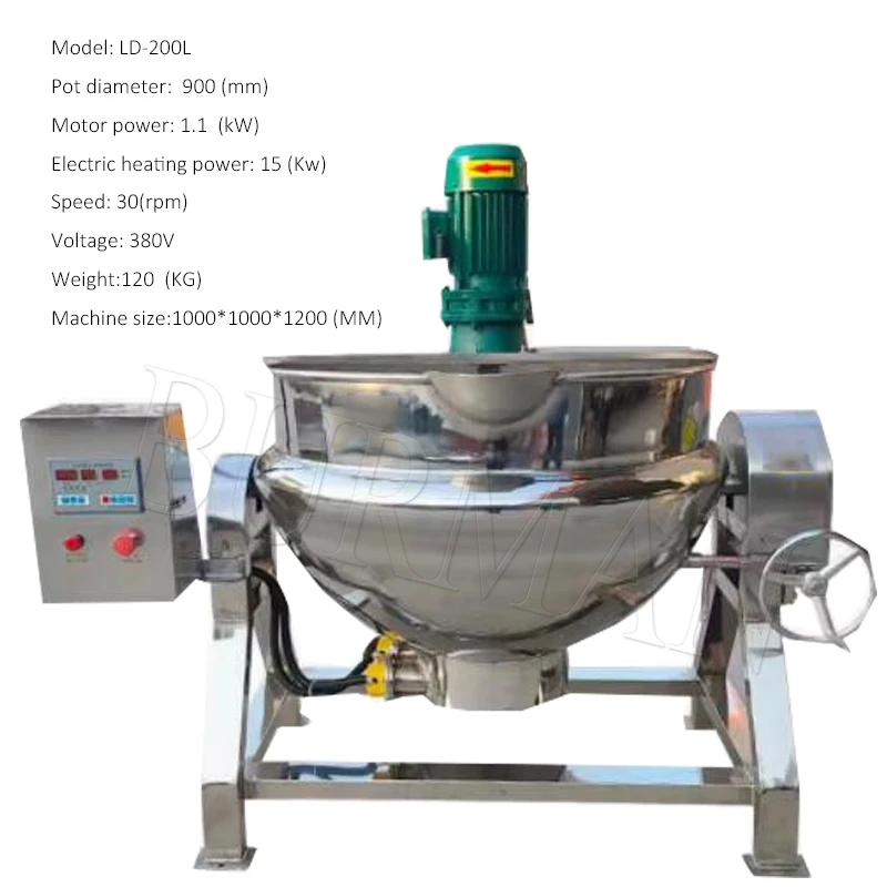 Máquina mezcladora de mermeladas de frutas con inclinación eléctrica, olla con camisa y agitador, caldera de sándwich con calentamiento a vapor industrial