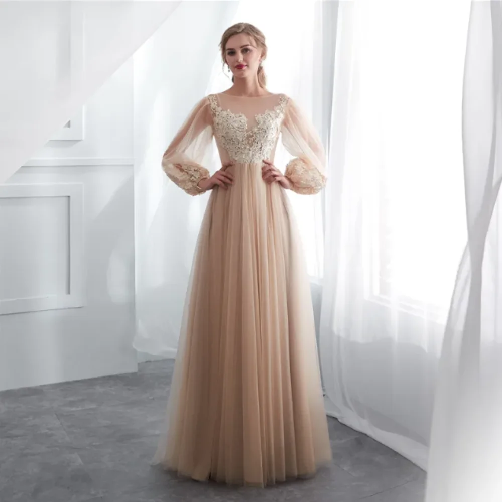 

Scoop Champagne Tulle Prom Dresses 2024 Zipper Back Appliques A Line Long Sleeves Floor Length Evening Party Gown Dress Customed