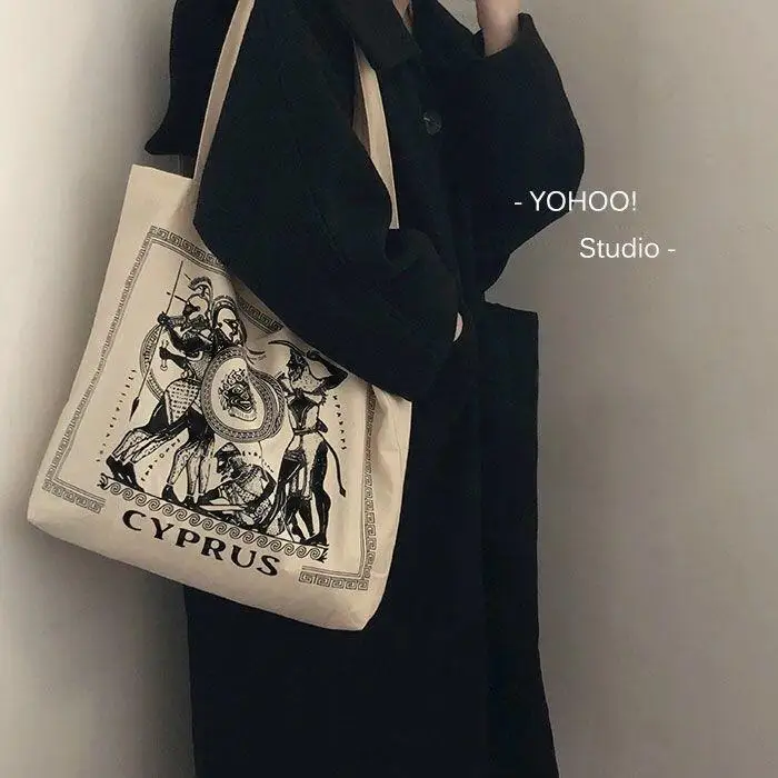 

Retro Greek Illustration Chic Korean Shoulder Bags Large Canvas Bag With Zipper Retro Shopping Bag Female Student Travel Bags