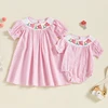 Listenwind Baby Girl Easter Romper Short Puff Sleeve Stripes Print Smocked Bodysuit Sisters Matching Romper Dress Outfit 1