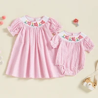 Listenwind Baby Girl Easter Romper Short Puff Sleeve Stripes Print Smocked Bodysuit Sisters Matching Romper Dress Outfit 1