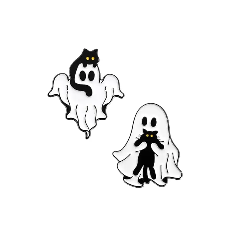 6 Styles Ghost with Black Cat Enamel Brooches Halloween Theme Horror Metal Lapel Pins for Jacket Backpack Hat Clothes Decor