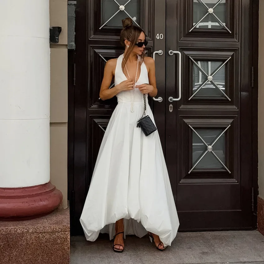 White V-Neck Backless Long Dress Female Sleeveless High Waist Fashion Elegant Luxury Bodycon Dress Women Solid Maxi Dress