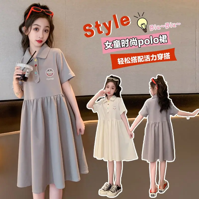 

Girls' Dress Summer New Princess Kids' Skirt Student Slim Fit Small Girls and Teen Girls Polo Collar Dress
