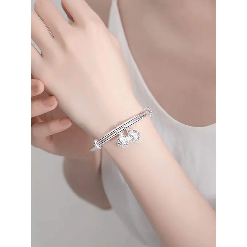 Step by Bracelet for Women9999Sterling Silver Bracelet Women's Bell Pure Silver Bracelet Push-Pull 3