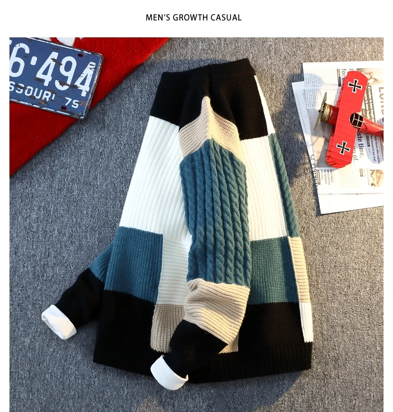 Men's Knit Sweater - Autumn Winter Plaid Patchwork Pullover | Thick Round Neck Casual