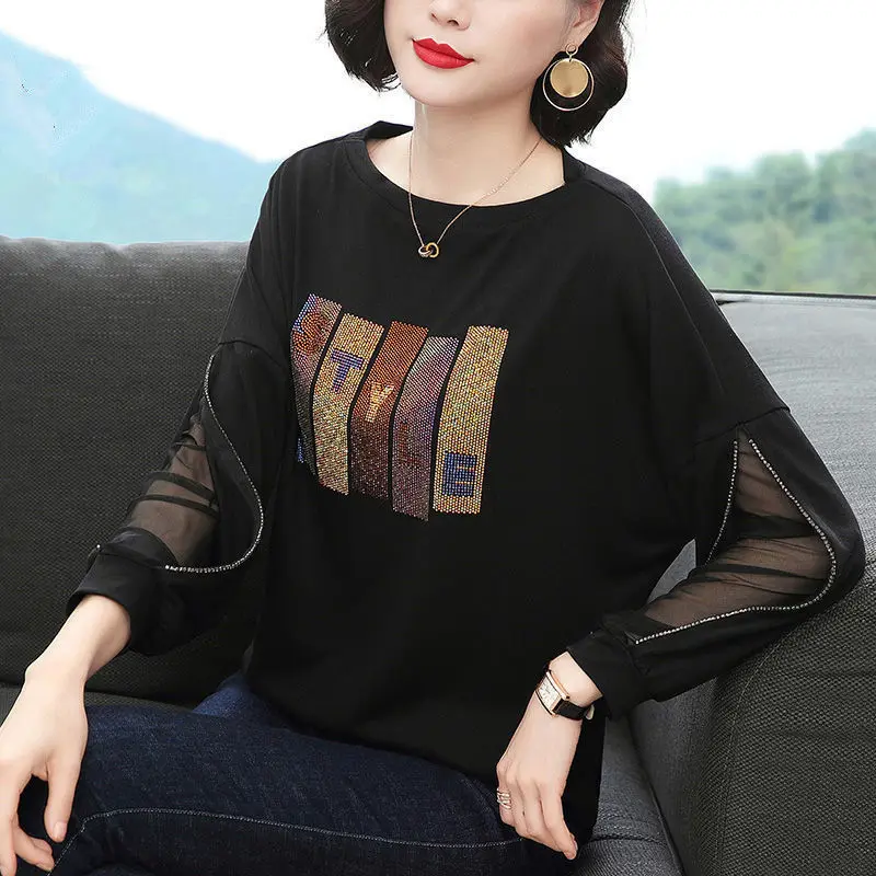 

Fashion Diamonds Batwing Sleeve Casual Tops Women's Clothing Spring Autumn Korean Gauze Spliced Solid Color T-shirt Pullovers