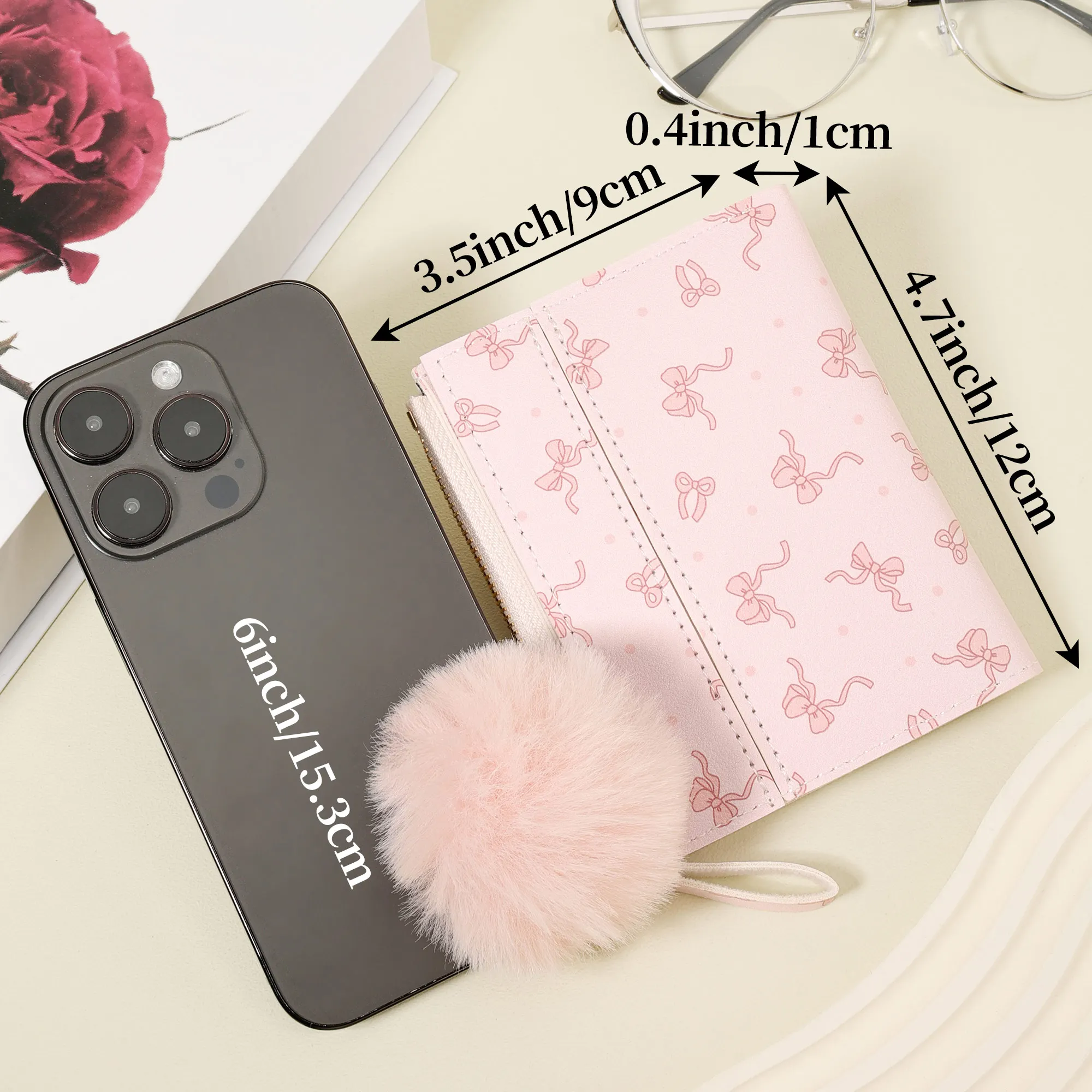 Women's Minimalist Short Wallet with Pom-Pom Charm and Bow Print