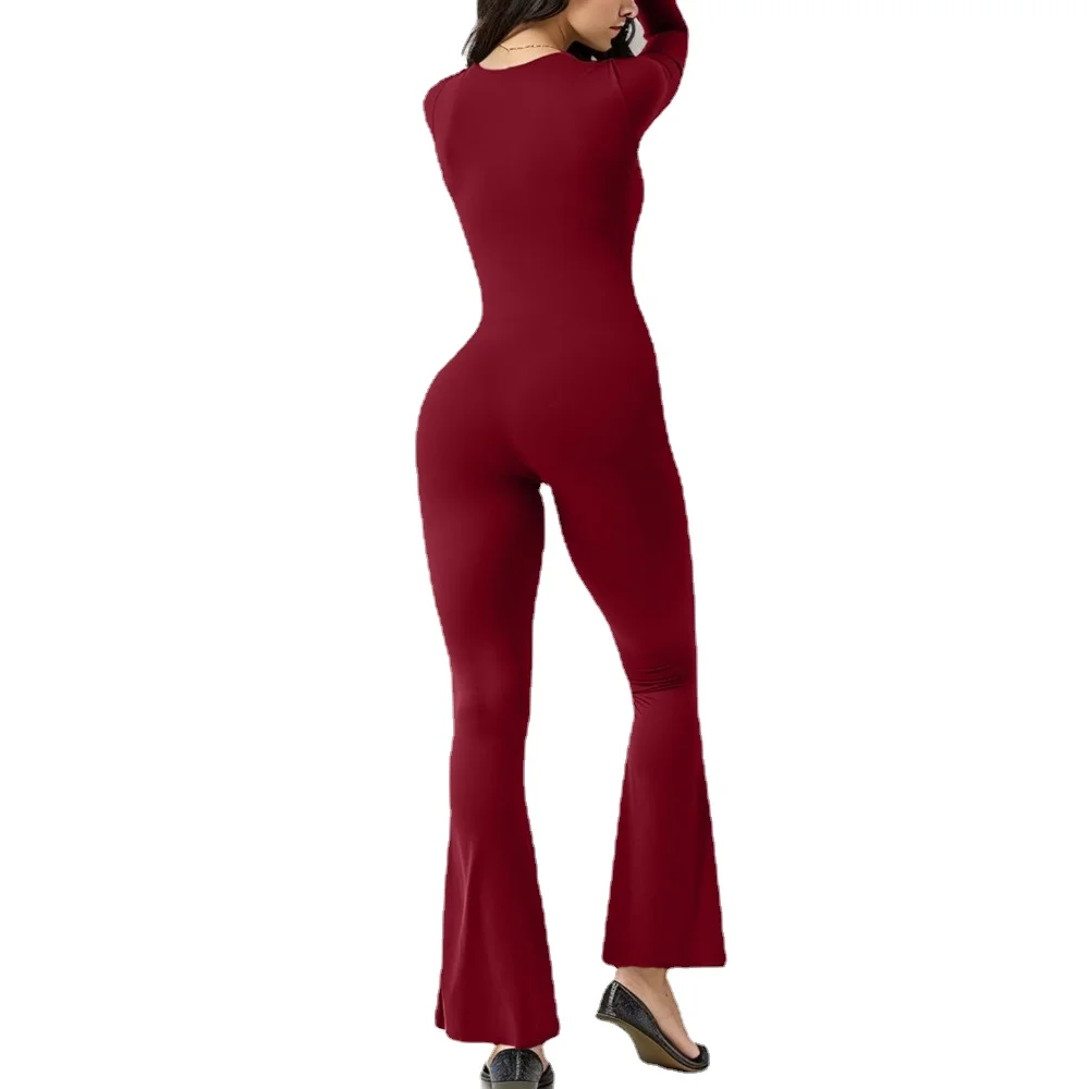 Women Jumpsuit Solid Sexy Slim Square Collar Long Sleeve Jumpsuit Female Stretchy Flare Pants Bodycon Rompers Fashion Streetwear
