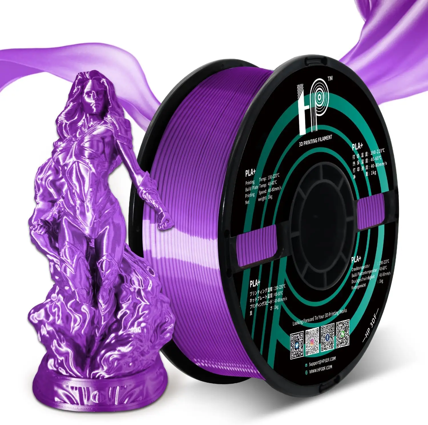 3D 프린터 필라멘트, PLA, 실크 광택 표면, HP3DF 1.75mm 정확도 +/- 0.02mm, 1KG 스풀 (2.2 lbs), 대부분의 FDM 프린터에 호환 가능