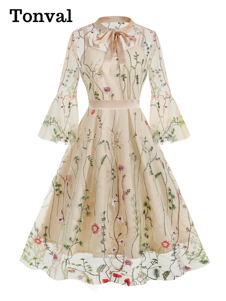 Tonval Bow Neck Embroidered Mesh Overlay Elegant Long Dresses for Women 3/4 Length Sleeve Autumn Luxury Vintage Party Dress - AliExpress 200000345 Tonval Bow Neck Embroidered Mesh Overlay Elegant Long Dresses for Women 3/4 Length Sleeve Autumn Luxury Vintage Party Dress - AliExpress 200000345