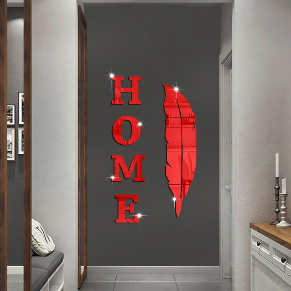 3D English Letter Feather Mirror Paste Decoration Room Porch Living Room Background Wall Mirrors Modern Home Decoration mirror wall sticker