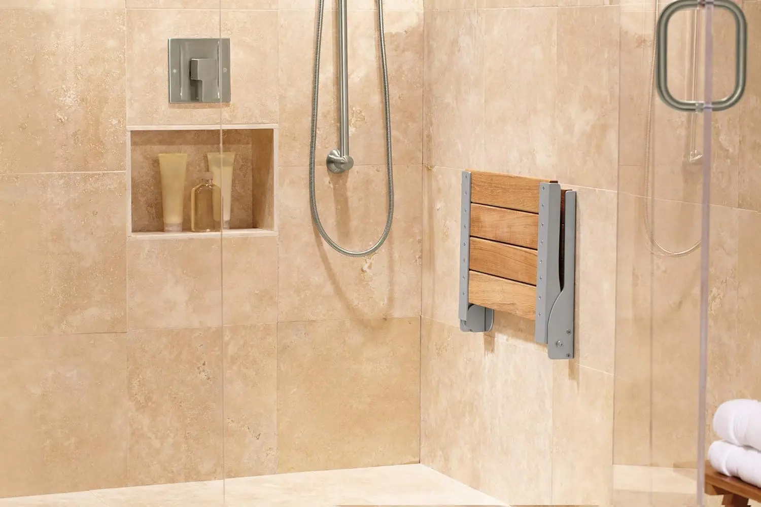 Home Care Wall Mounted Old World Bronze Teak Wood Aluminum Folding Shower Seat, Wall Mounted Shower Chair, DN7110OWB 4