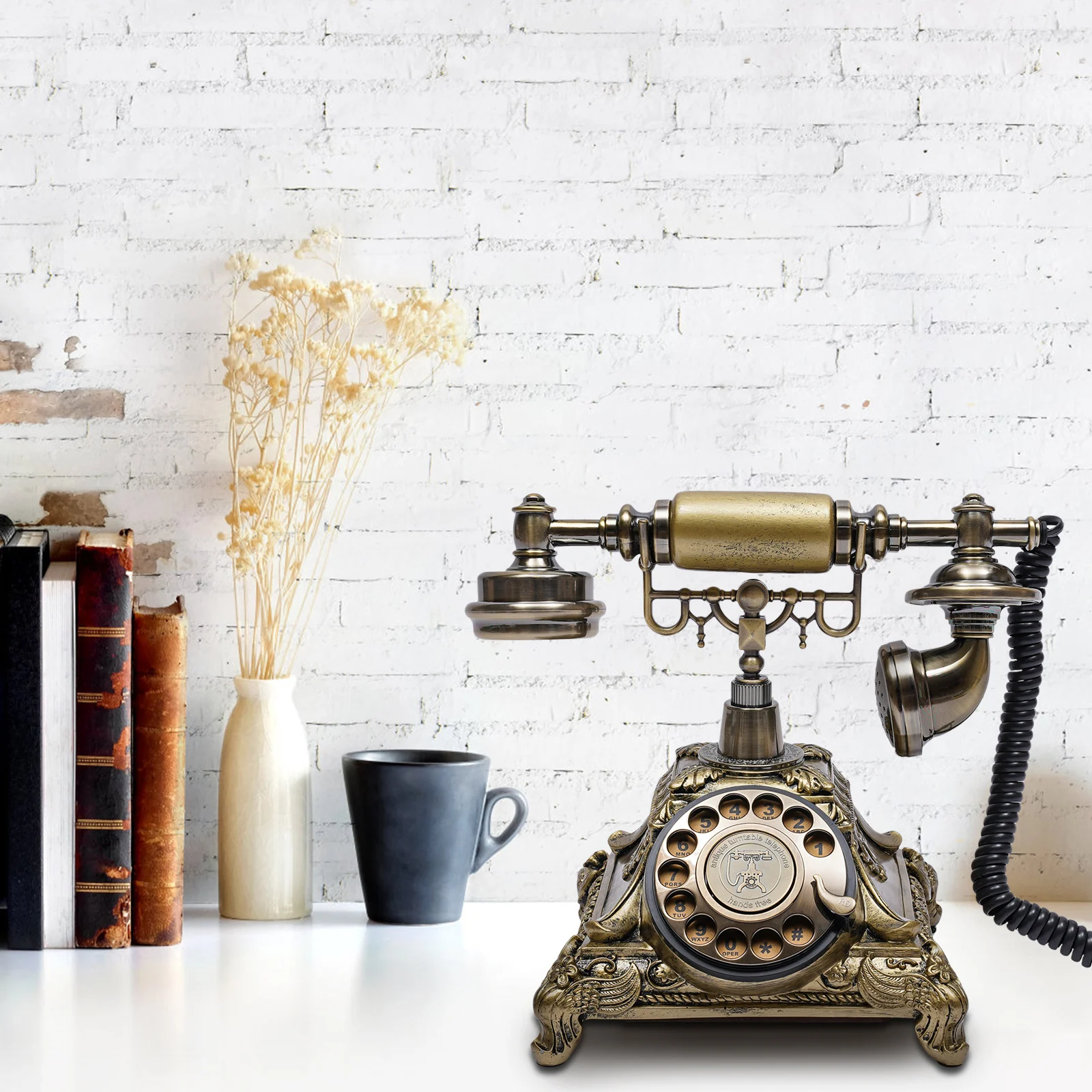 Antique Telephone Desk Phone Old Fashioned Rotary Dial Telephone Corded Vintage Style Home Desk Retro Ornaments Gold 6