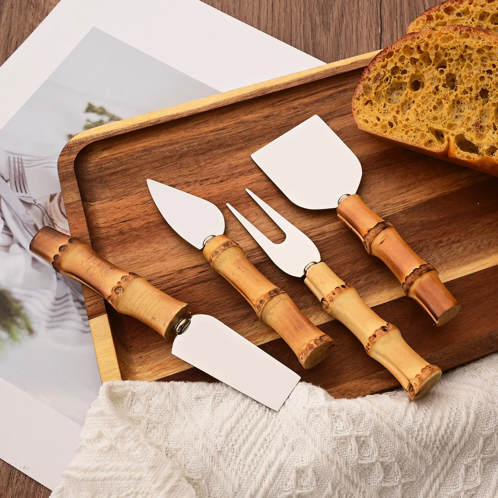 6Pcs Dinnerware Set Silver Natural Bamboo Handle Cheese Knife Stainless Steel Cutter Set Kitchen Accessories cheese knife