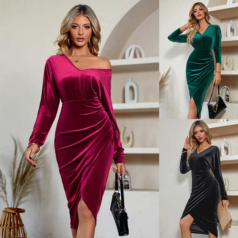 

Elegant Velvet Women's Long Dresses Spring Autumn 2024 Female Clothing Long Sleeve Dress Fashion Korean Evening Party Dresses