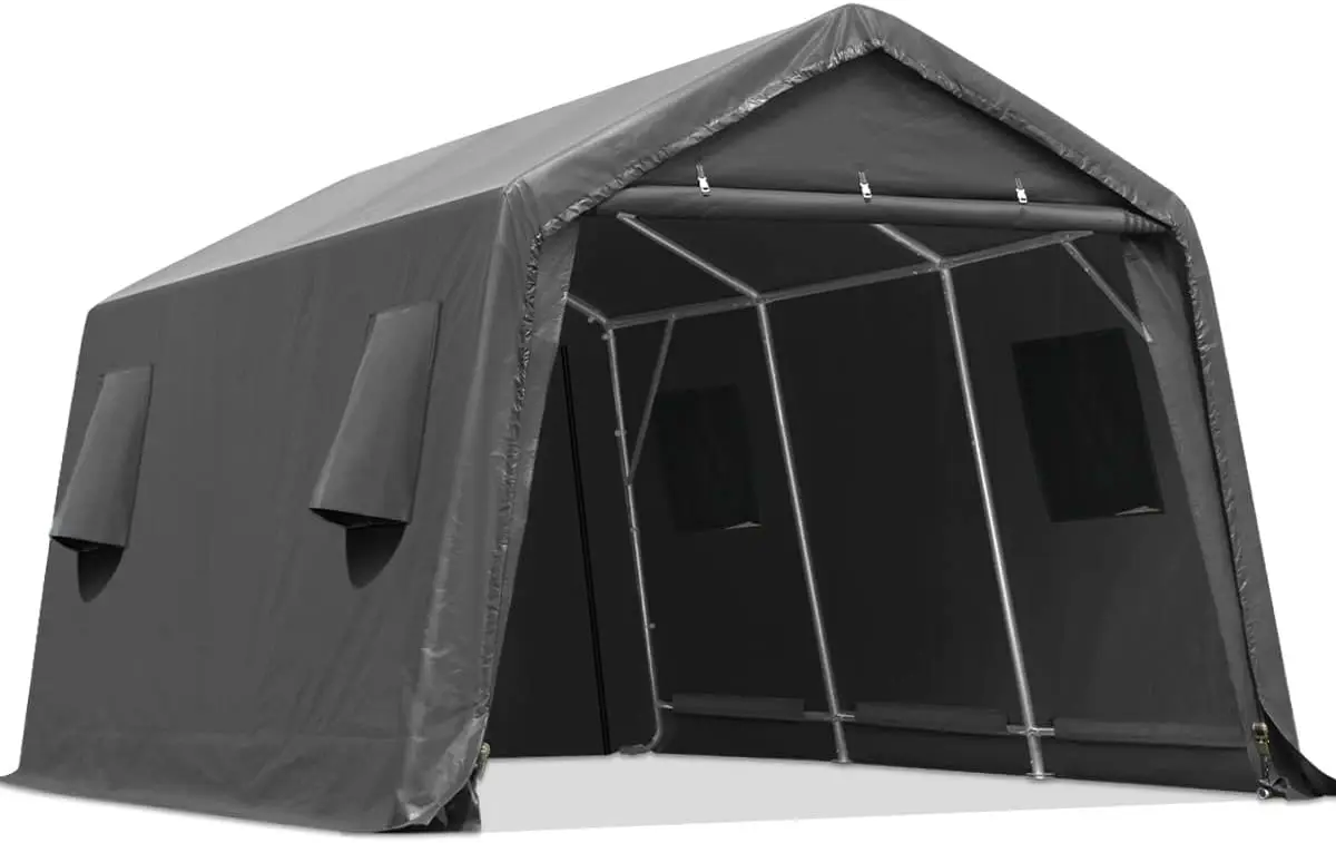 10X15 ft Garage Shelter Steel Metal Peak Roof Anti-Snow Portable Storage Shed Carport with 2 Roll up Doors & Vents