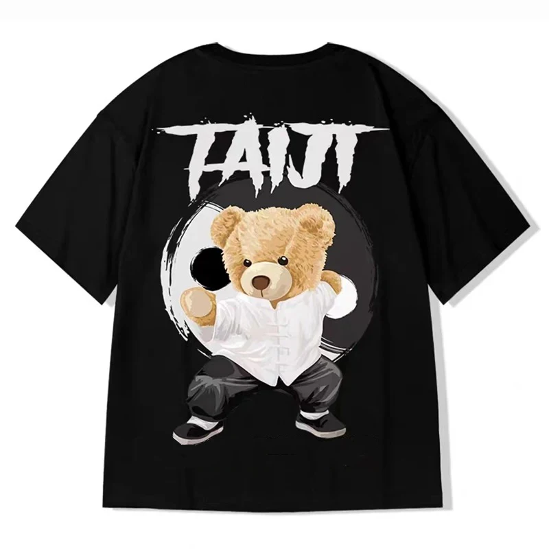 

Taiji Bear Print T Shirt Summer 100% Cotton Round Neck Short Sleeve Hip Hop Streetwear Gothic Harajuku Oversized T Shirt For Men