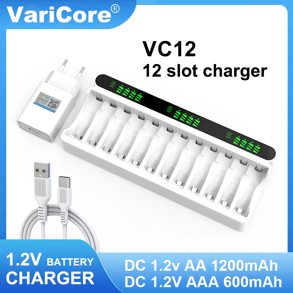 VariCore VC12 1.2V 12-Slot Rechargeable Battery Charger for Ni-MH AA AAA Nickel Hydrogen Batteries