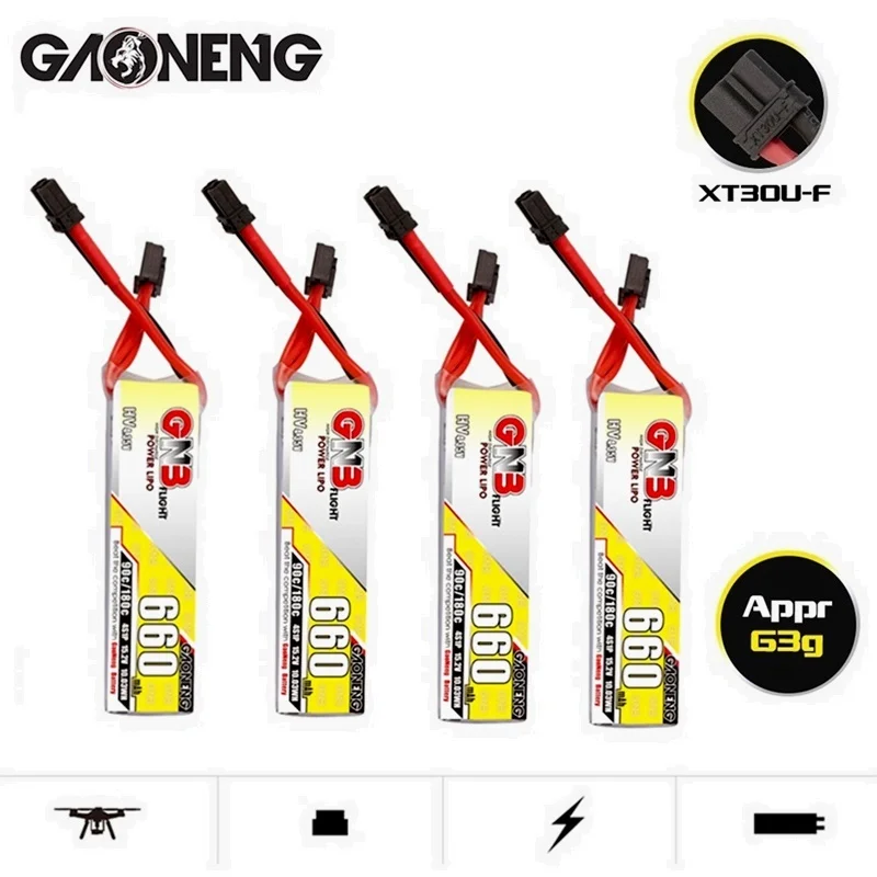 

4Pcs GAOGANG 90C/180C GNB HV Lipo Battery 4S 15.2V 660mAh For Beta85X Whoop Quadcopter FPV RC Racing Drone With XT30U-F Plug